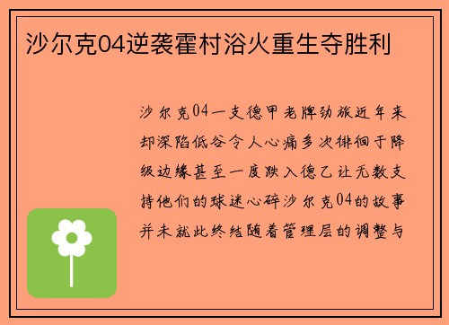 沙尔克04逆袭霍村浴火重生夺胜利